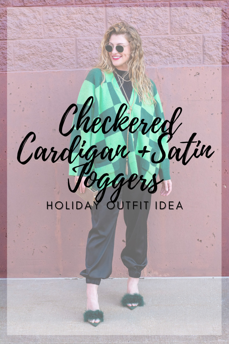 Green Checkered Cardigan and Satin Joggers with Feather Mules for Holiday. | LSR